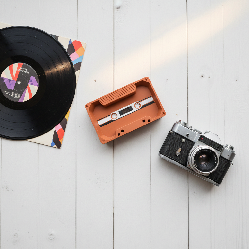 Terracotta orange cassette tape tray beside vinyl record and retro camera