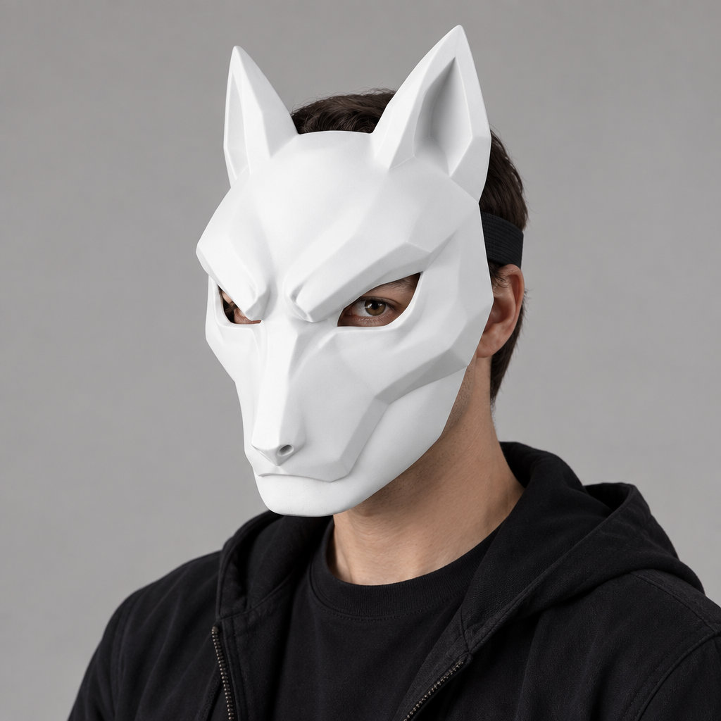 White Kitsune Wolf Mask worn with simple dark clothing