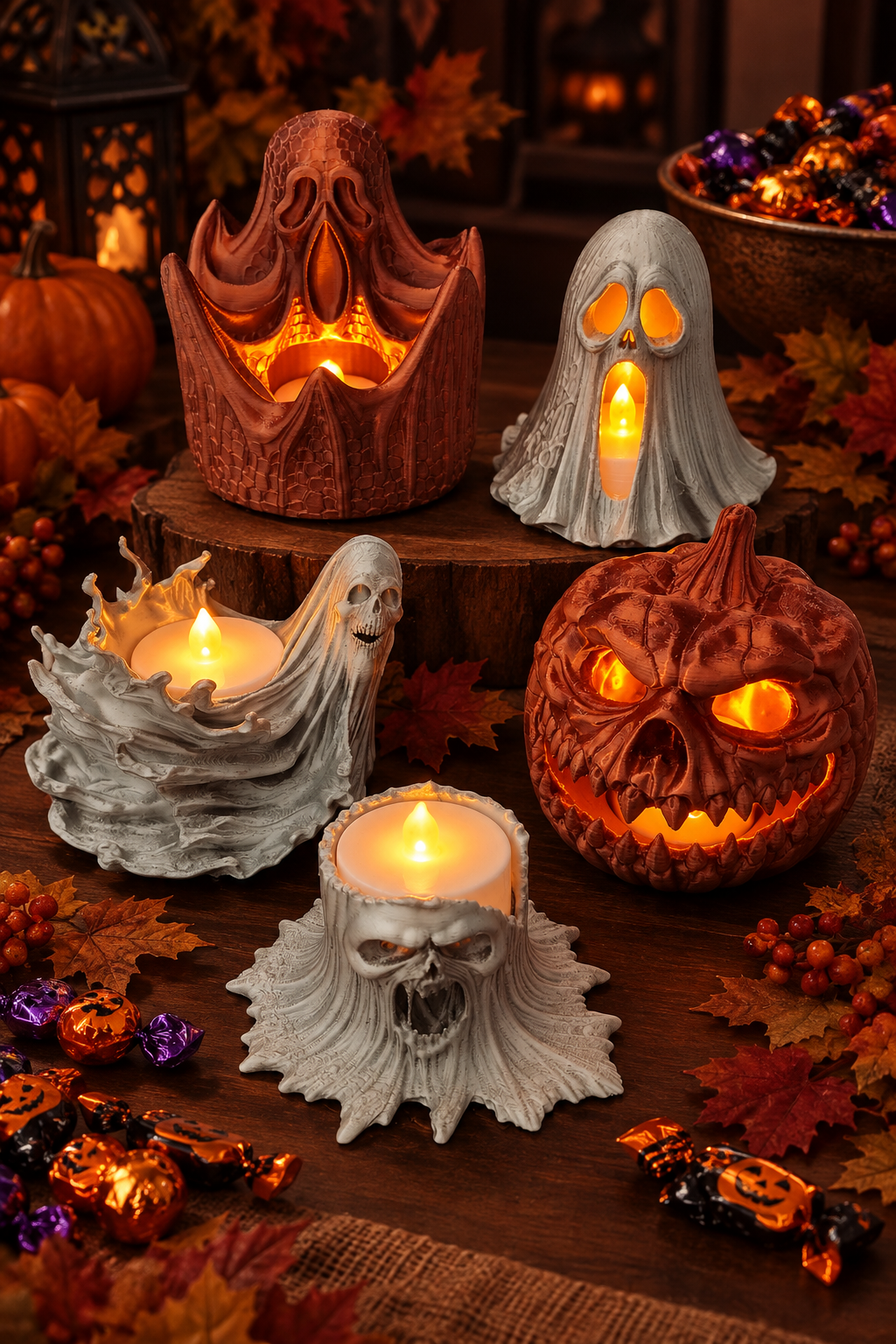 Five horror tealight holders arranged together on a Halloween table with sweets and autumn decorations