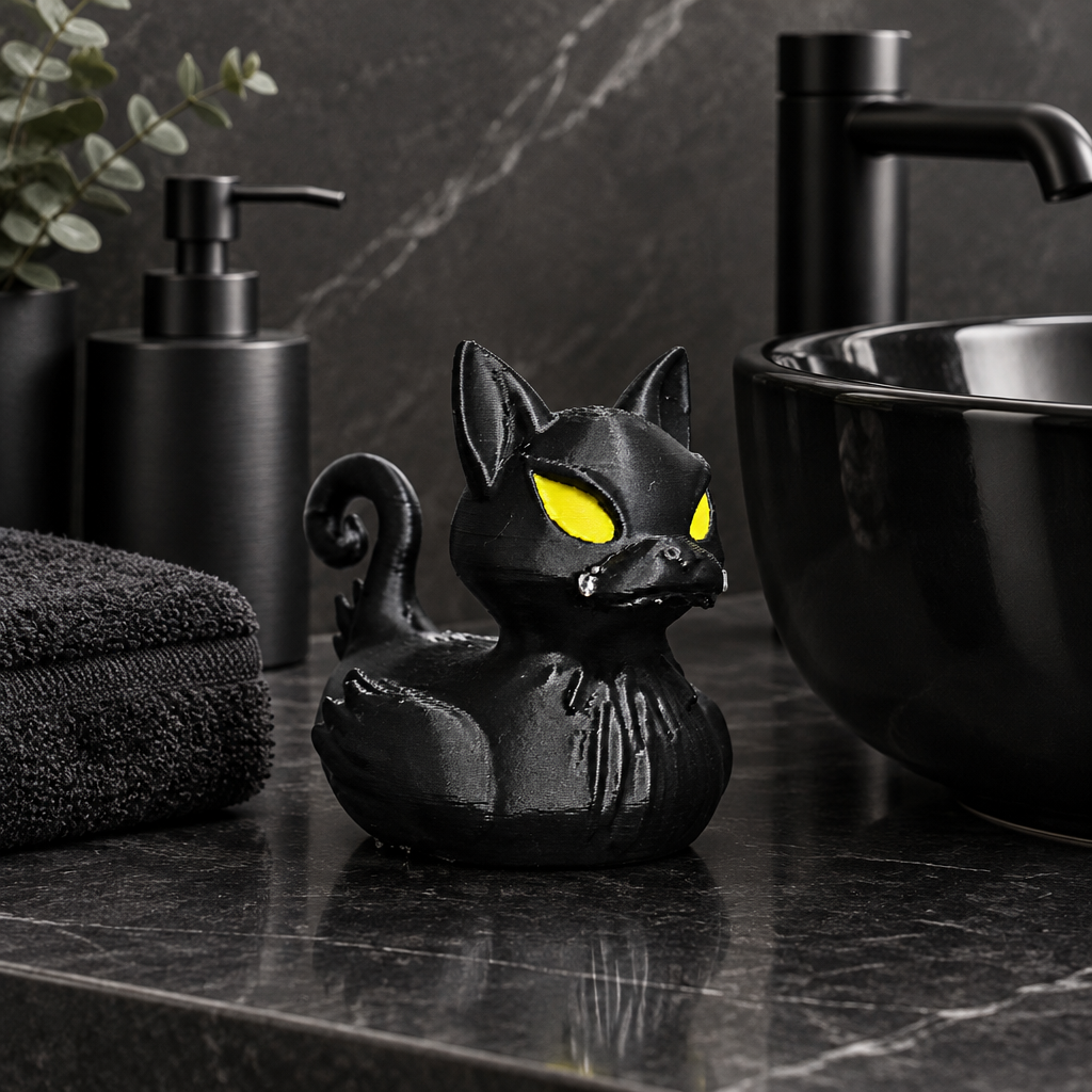 Black cat bath duck beside a black sink in a clean monochrome bathroom