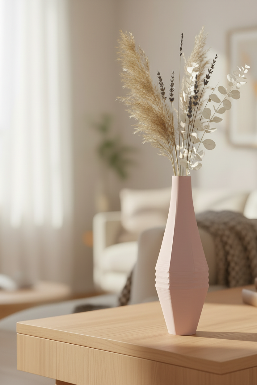 Stagger Panel Vase dusty rose pink matte diamond-waisted staggered faceted panels dried pampas eucalyptus stems pale oak coffee table warm Japandi minimal living room linen sofa sheer curtains soft morning light portrait