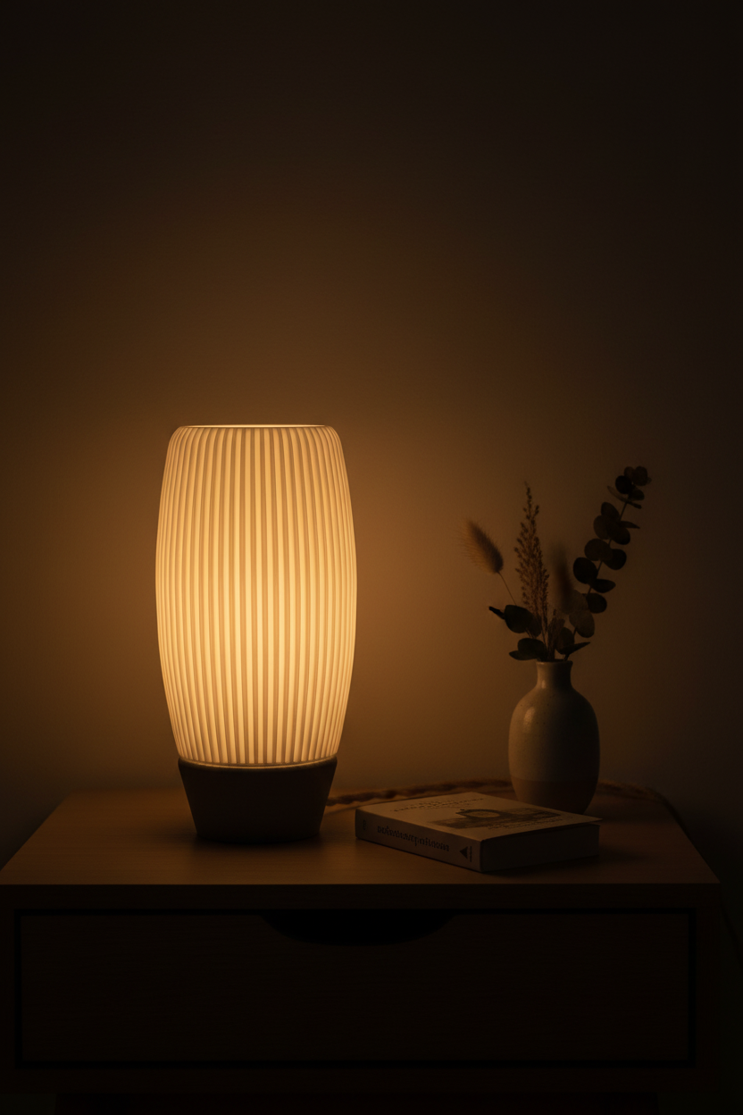 Ribbed E27 Lamp with diffuser tall oval barrel fine vertical ribbing soft white cream matte finish warm amber inner glow pale oak bedside table moody minimal bedroom paperback ceramic bud vase dried stems deep charcoal wall warm atmospheric evening portrait