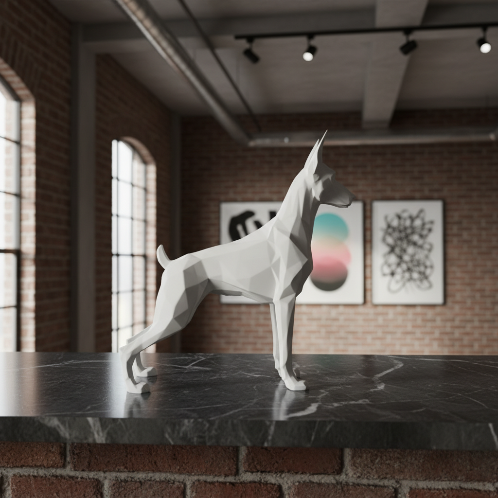Matte white Low Poly Great Dane Sculpture on a dark marble shelf with gallery lighting