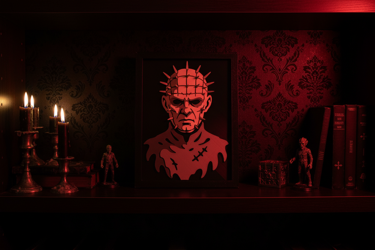 Pinhead Shadow Box on a dark gothic shelf with dramatic red and black lighting and candles