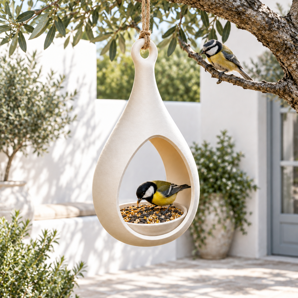 Elegant Drop bird feeder in a minimalist courtyard