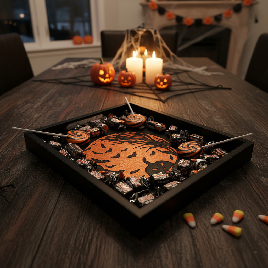 Black Halloween tray on dark table overflowing with orange and black wrapped candy Halloween lifestyle