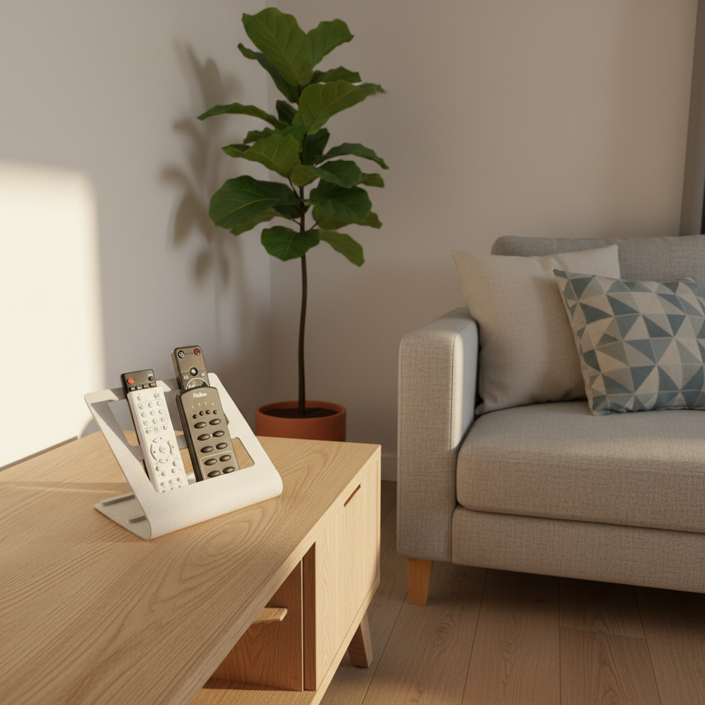 Remote Control Organiser on a modern living room TV unit beside a sofa with cushions and a plant