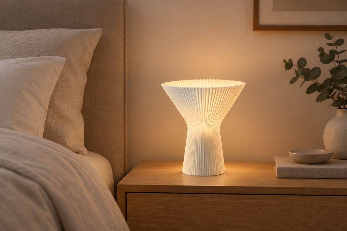 White inverted funnel lamp with vertical pleats on a bedroom bedside table.