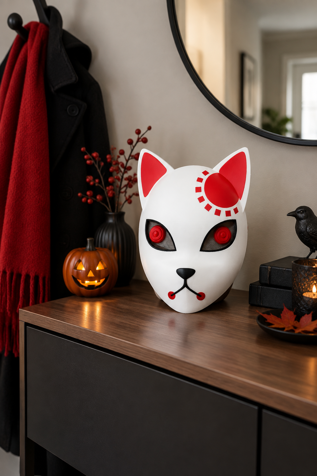 White Halloween devil cat mask on a hallway console with a black coat and red scarf