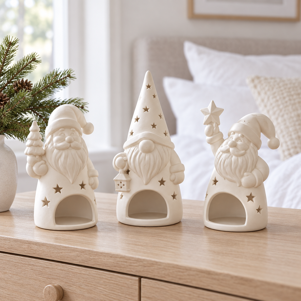 Three white Santa tealight holders arranged unlit on a pale wood dresser.