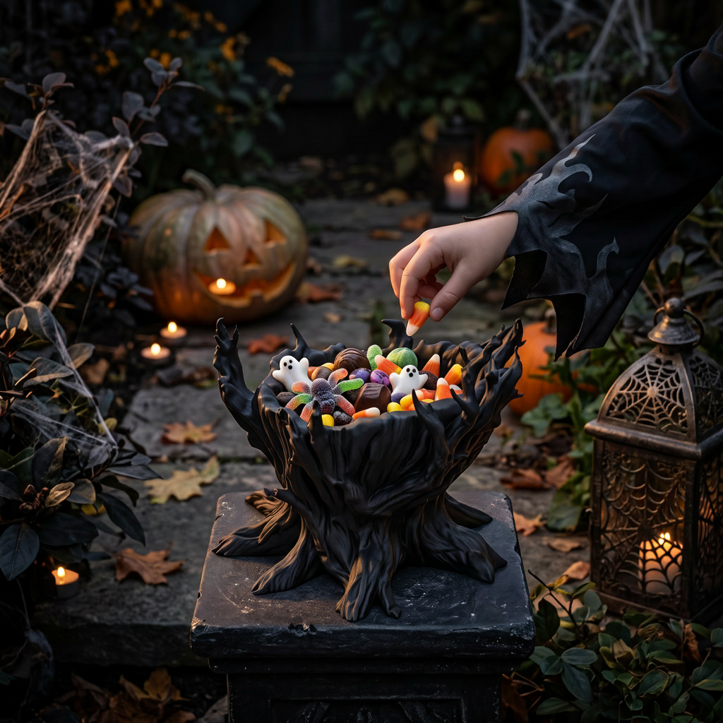 Halloween Hollow Tree Candy Bowl in black — filled with candy corn and sweets by front door with jack-o-lanterns and fairy lights
