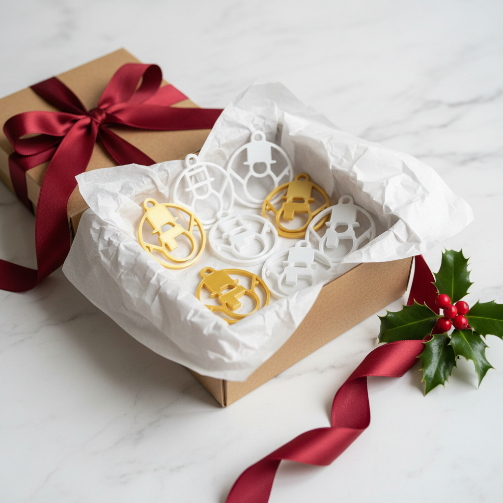 Ornaments gift-wrapped in kraft box with red ribbon on marble surface lifestyle