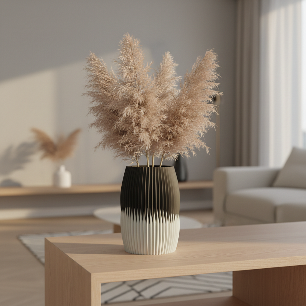 Black and white interlocking fluted vase with dried stems on a pale oak console