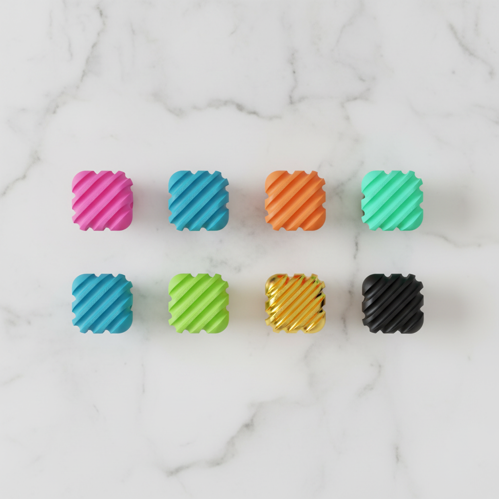 Six ribbed handles in assorted colours flat lay on white marble