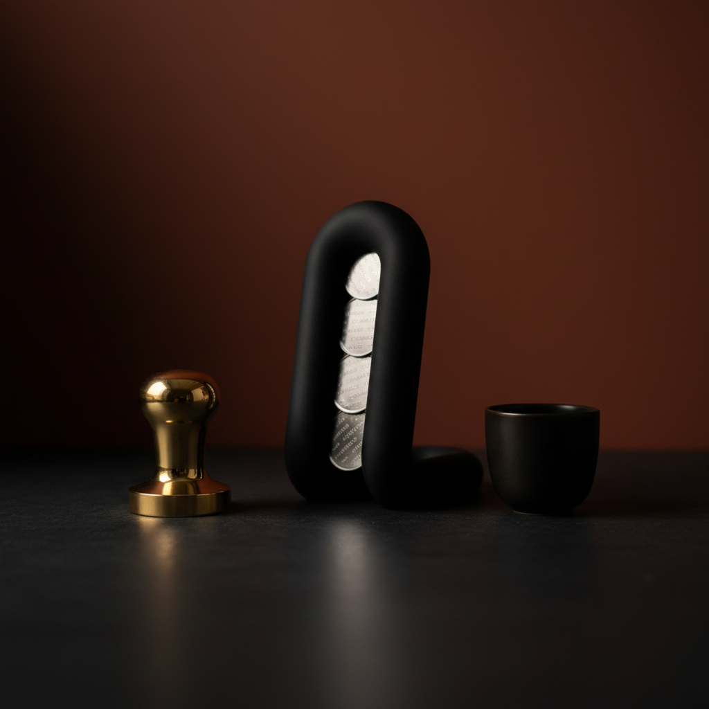 Black wibble coffee pod holder on dark slate surface with brass tamper and dark ceramic cup moody kitchen lifestyle