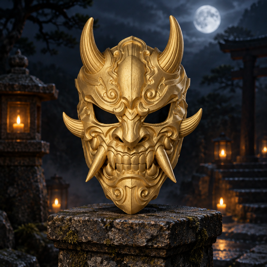 Uniform gold Oni Demon Mask displayed on a weathered stone stand.