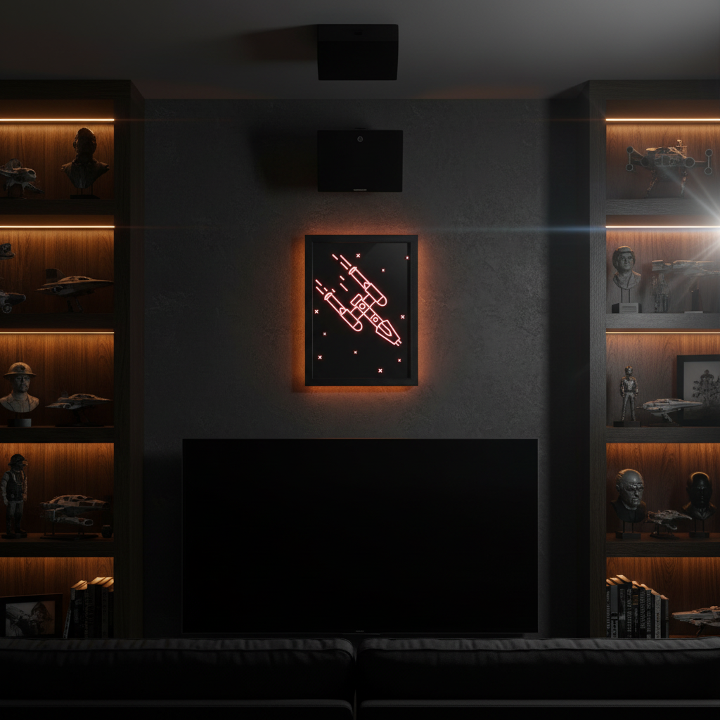 Y-Wing neon line art shadow box on a dark home cinema wall with sci-fi collectibles and amber LED lighting