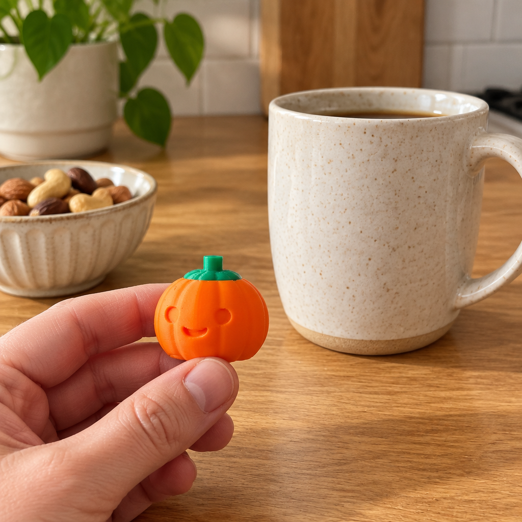 Pumpkin clicker beside a mug.