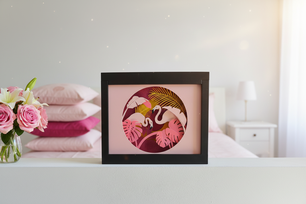 Flamingo Paradise shadow box on a wooden shelf in a feminine bedroom with pink cushions and fresh flowers