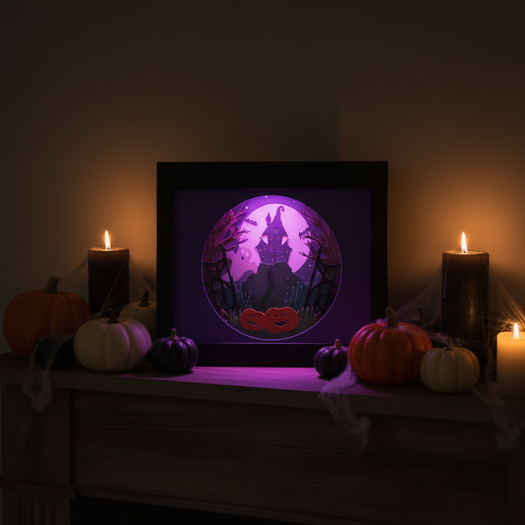 Halloween Haunted Mansion Shadow Box glowing purple on Halloween decorated mantelpiece with candles and pumpkins