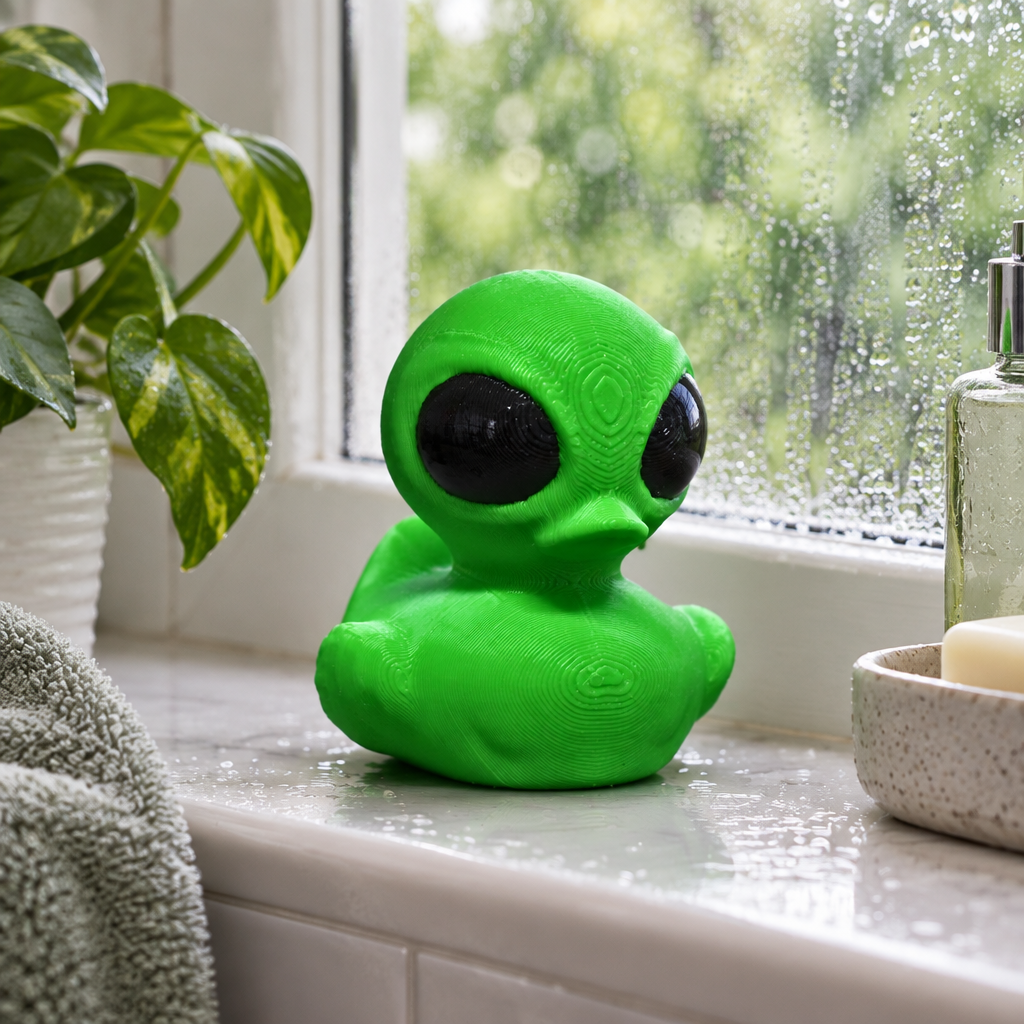 Bright green alien bath duck on a softly lit bathroom windowsill