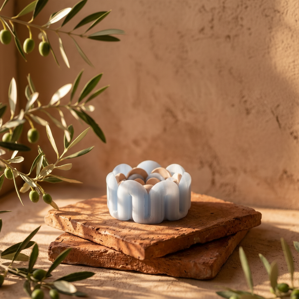 Blue wibble nested trays on terracotta tiles with olive branch golden Mediterranean lifestyle