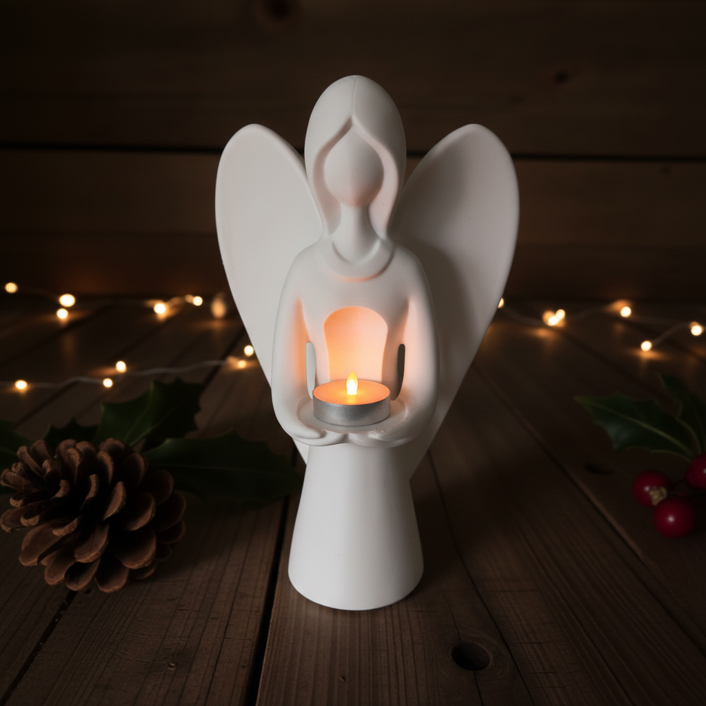 Close-up of angel holding glowing amber tealight on dark wooden table lifestyle