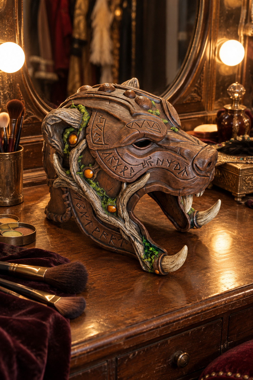 Runic Beast Mask displayed on a theatrical dressing table with vanity lights