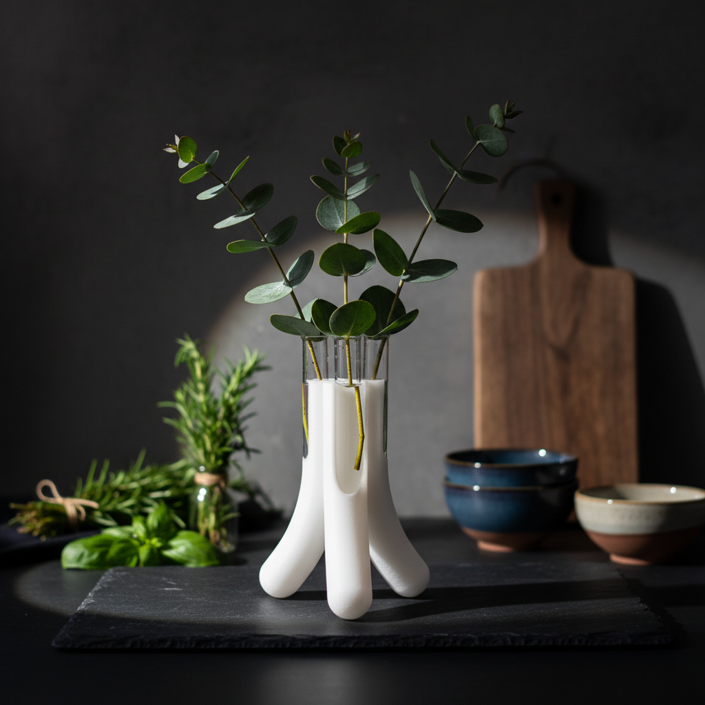 Modern Triple Stem Propagation Holder on dark kitchen counter with eucalyptus