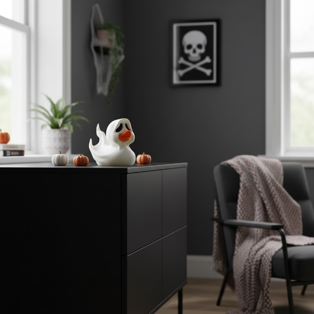 White Halloween ghost duck sculpture on a black living room sideboard
