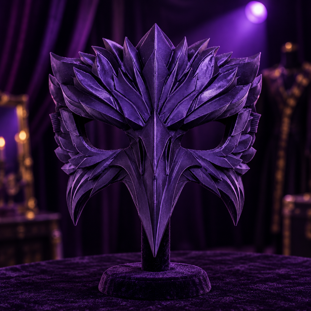 Purple feathered raven mask in a dark theatre studio, strap not included