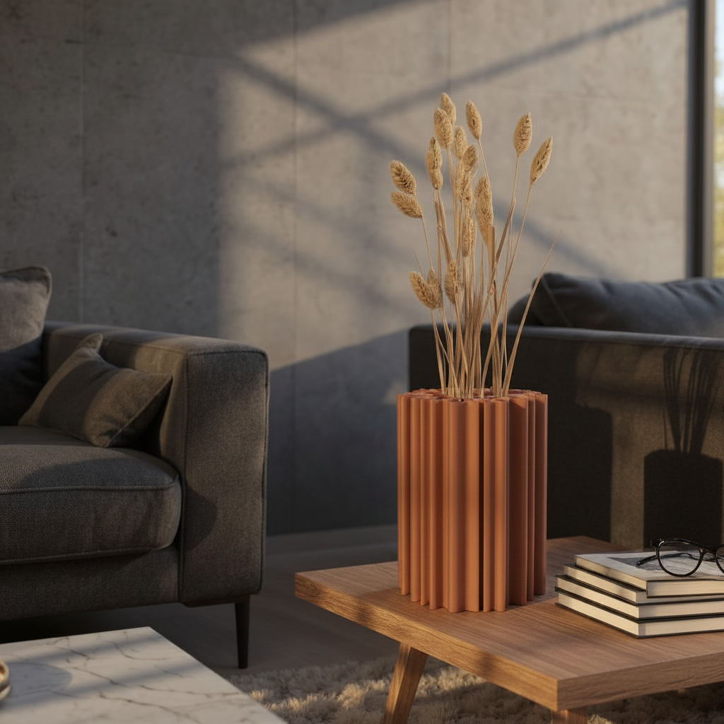 Terracotta brown coral organic vase with dried grasses on a wooden side table in golden hour light