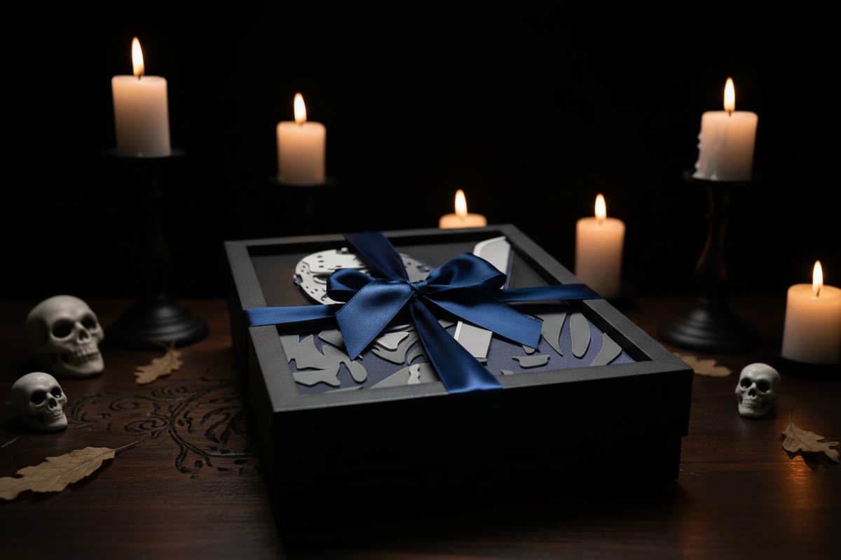 Jason Voorhees Shadow Box presented as a gift in a matte black box with dark blue ribbon and Halloween horror decorations