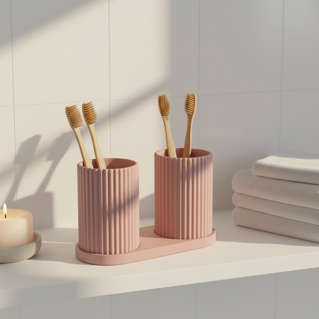 Dusty pink ribbed dual toothbrush holder on bathroom shelf with bamboo toothbrushes, scented candle and folded towels
