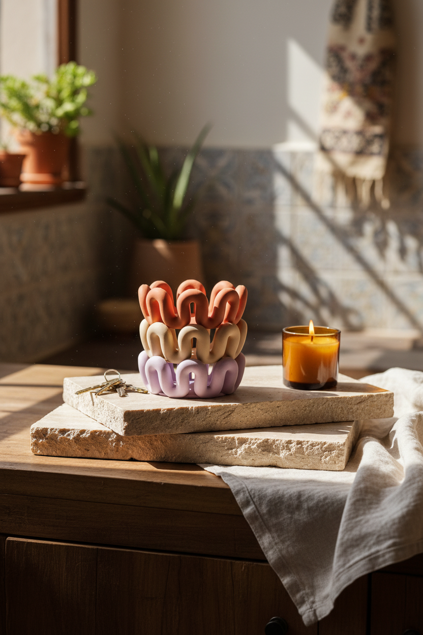 Terracotta beige lilac wibble bowl stack on travertine boho kitchen - lifestyle