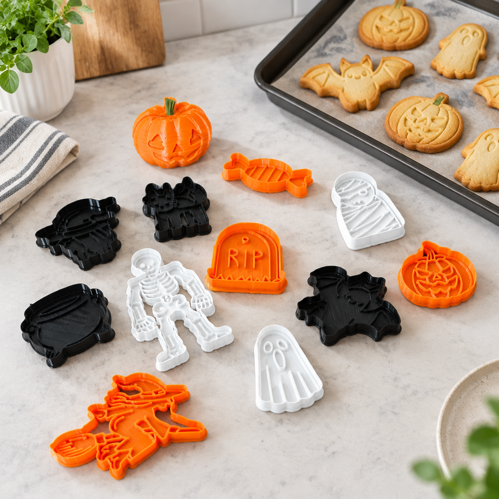 Halloween cookie cutters arranged with pumpkin, ghost and bat biscuits on a bright kitchen counter