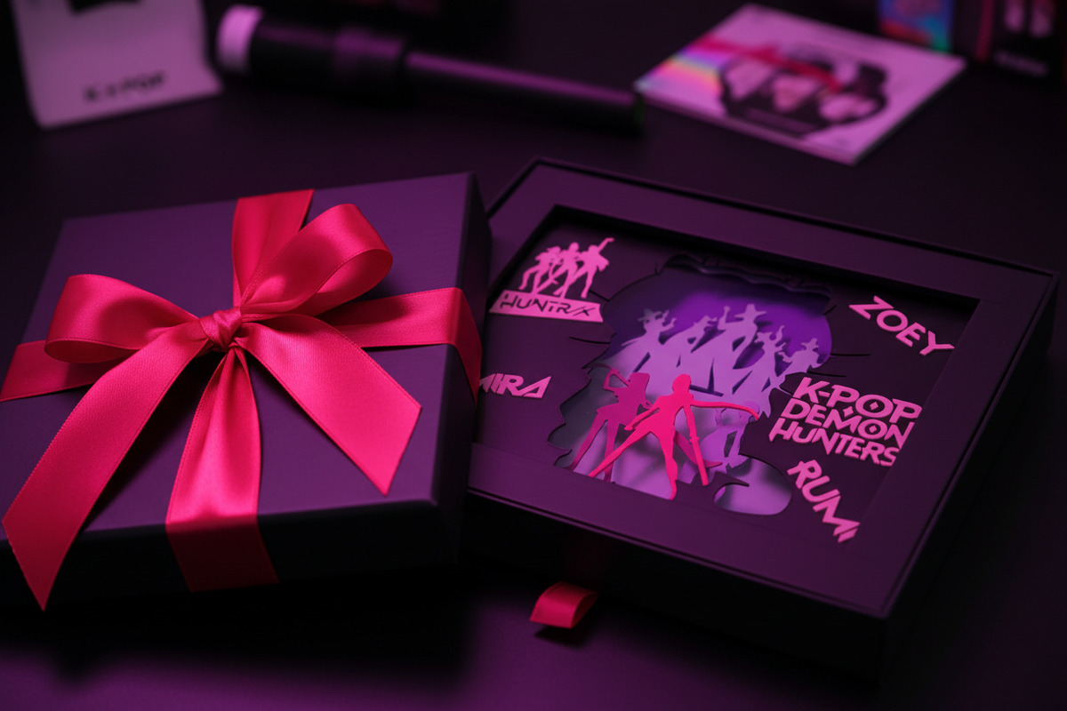 K-Pop Demon Hunters shadow box presented as a gift in a matte black box with hot-pink ribbon and K-Pop themed decorations