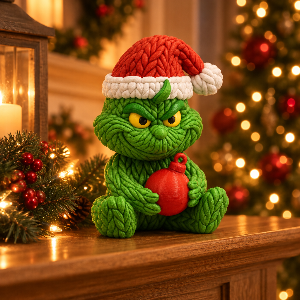 Knitted Grinch figure displayed on a warm Christmas mantel