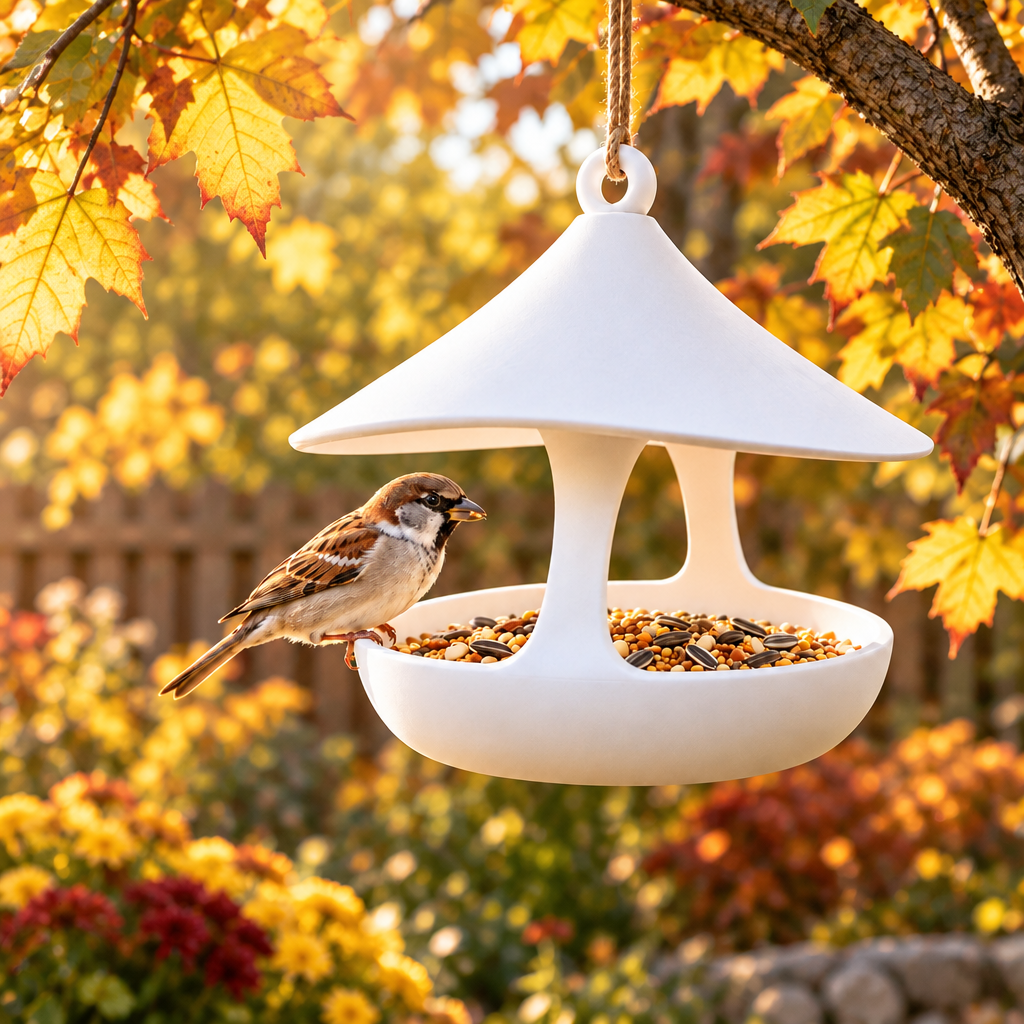 Modern bird feeder in a golden autumn garden