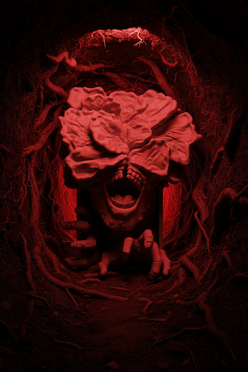 Stranger Things Demogorgon book nook relief sculpture grey framed box dark underground tunnel exposed soil roots dim red atmospheric lighting eerie Upside Down atmosphere portrait