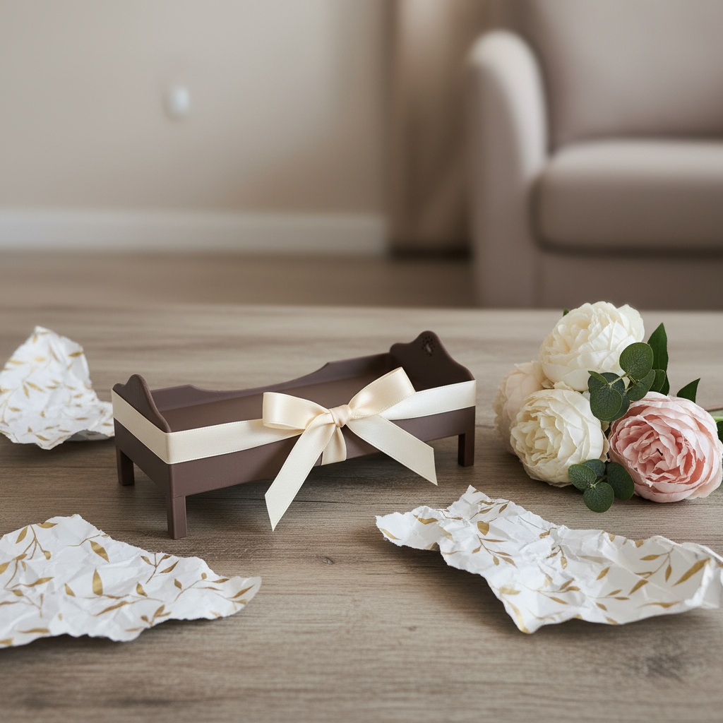 Smartphone Bed presented as a gift with ribbon and bow on a table with flowers