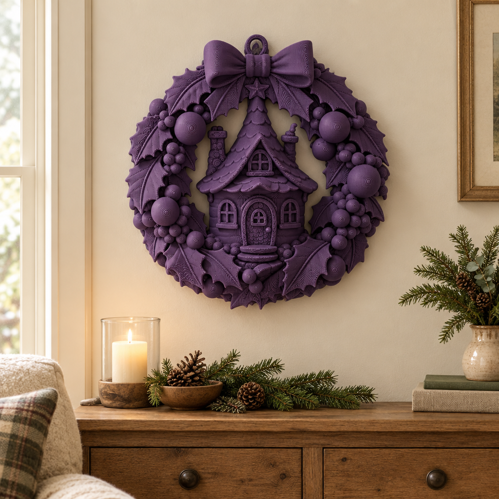 Purple Fairy Cottage Christmas Wreath above a wooden sideboard in a cosy living room
