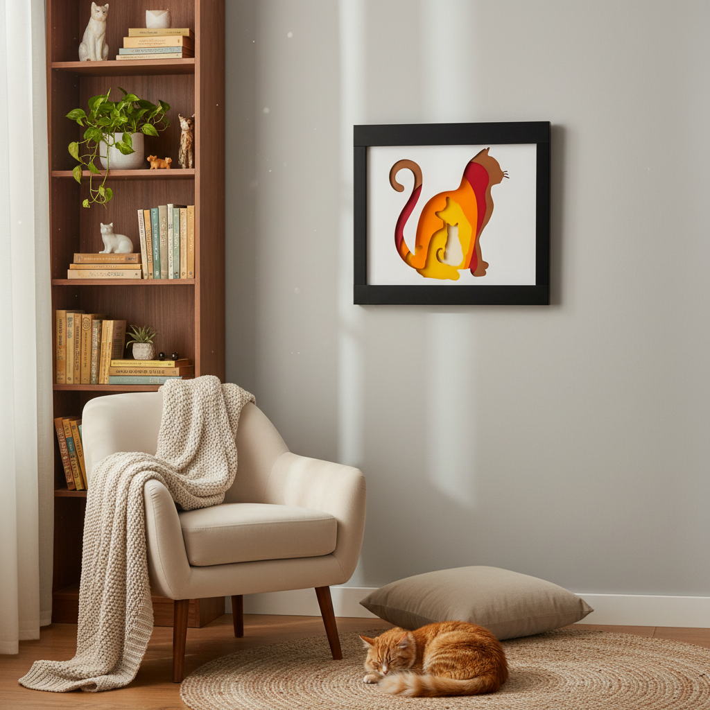 Cat Shadow Box displayed on light grey wall in cosy reading nook with bookshelf and cat nearby