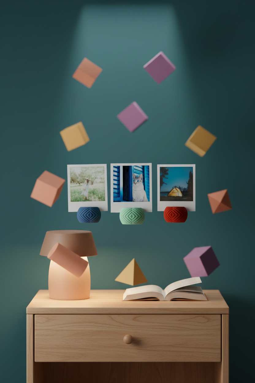 Two Geometric Mini Photo Holders soft beige deep red matte diamond lattice pebble form each holding square polaroid print warm family memory photos pale oak bedside table small reading lamp paperback book warm soft evening bedroom light portrait