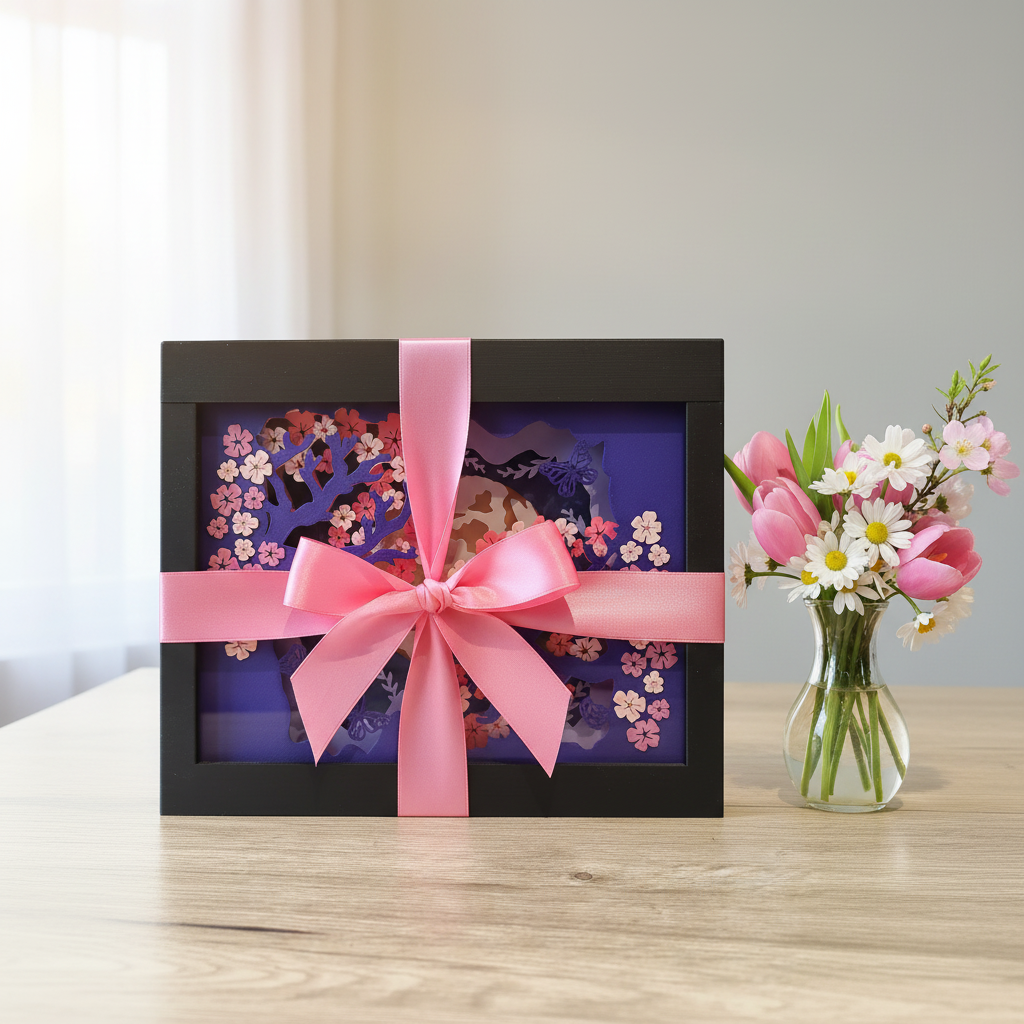 Sakura Cherry Blossom Shadow Box presented as a gift with pink ribbon and bow on a table with spring flowers