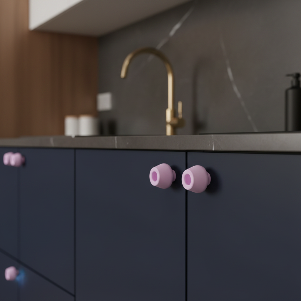 Taper handle on navy kitchen cabinets