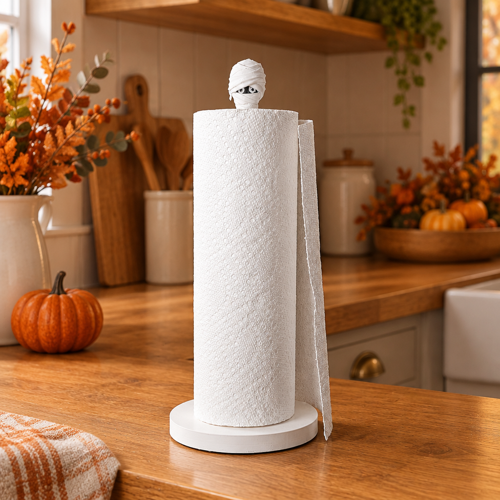 White mummy kitchen towel holder on a warm oak counter with pumpkins and autumn decor