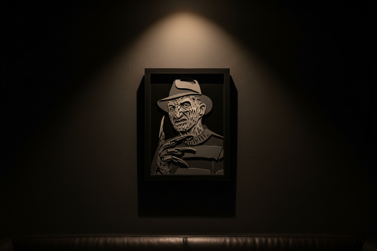 Freddy Krueger Shadow Box hung on a dark charcoal feature wall with dramatic warm single spotlight