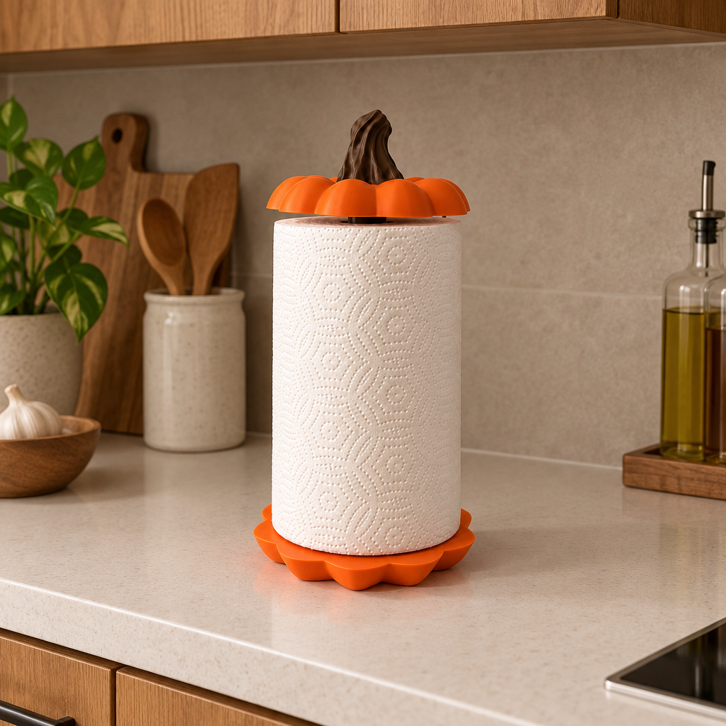 Pumpkin kitchen towel holder in a compact kitchen with warm wood cupboards