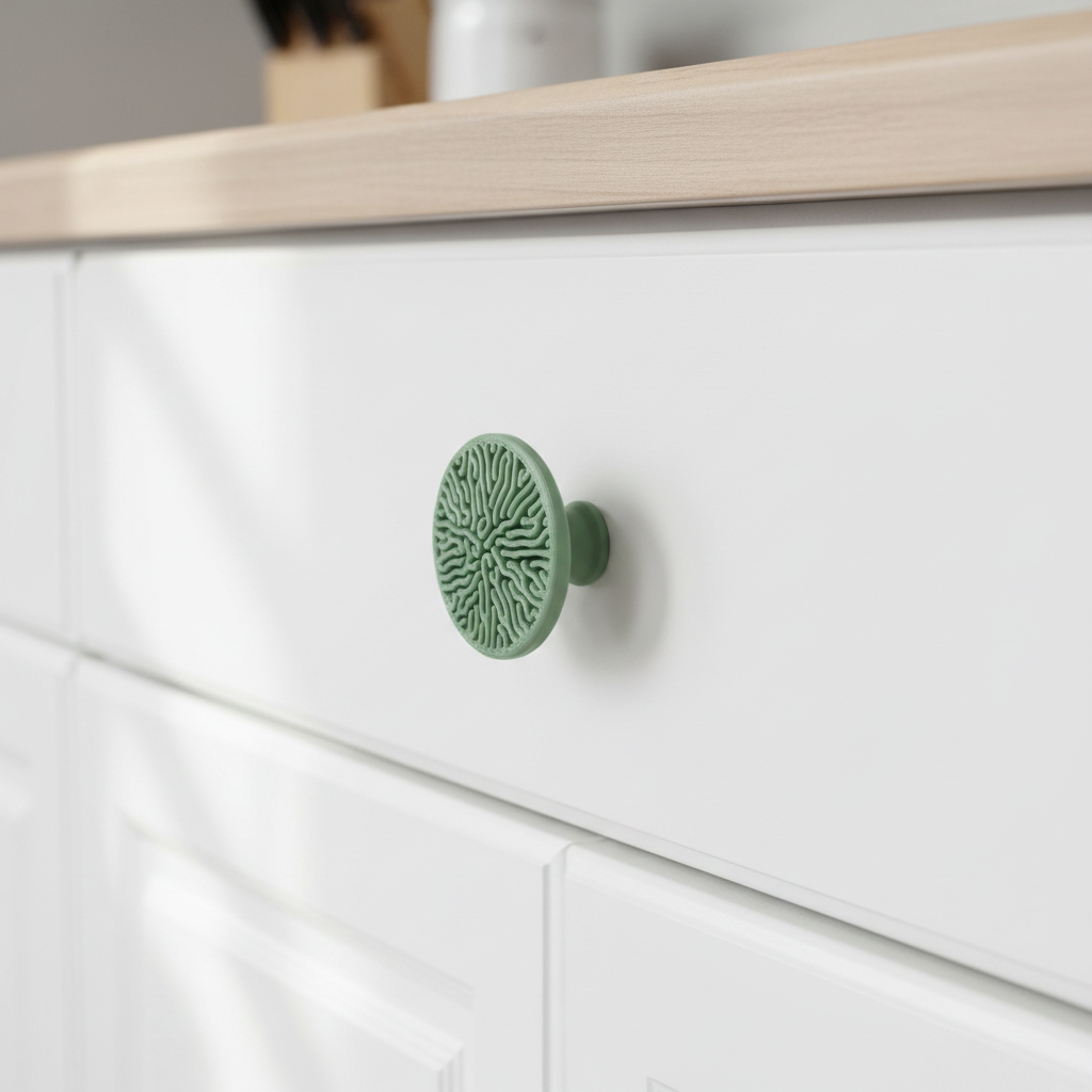 Modern Coral Pattern Cabinet Knob on white shaker kitchen cabinet